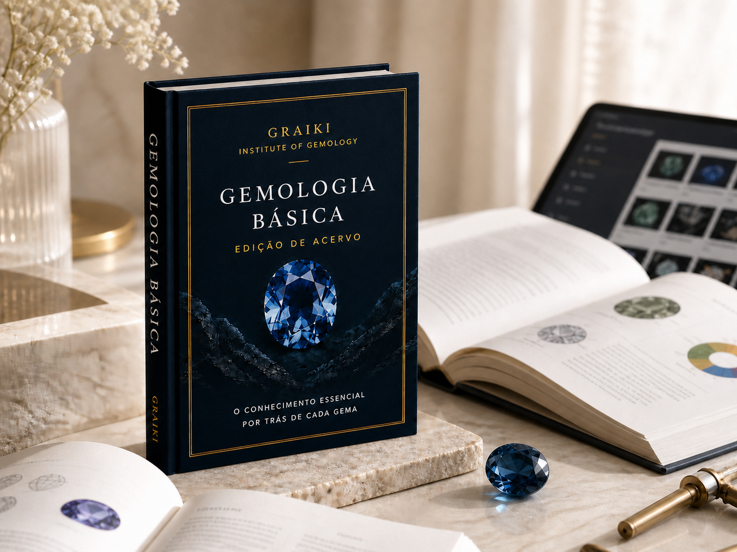 Livro Gemologia Básica — Edição de Acervo em destaque com páginas abertas